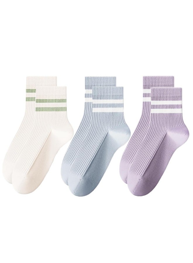 PLZSITDOWN Womens 3 Pairs Solid Color Two Stripe Crew Socks Casual Athletic Socks for Women Girls Blue/Beige/Purple - Image 1